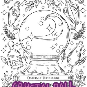 May include: A black and white illustration of a crystal ball with a crescent moon and stars inside. The crystal ball is sitting on top of two books that say "Oddities of Horticulture" and "Crystal Ball". There are also several small bottles and leaves surrounding the crystal ball.