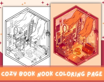 Heksenboek hoekje kleurplaat | Kawaii isometrische kamer (png en pdf)