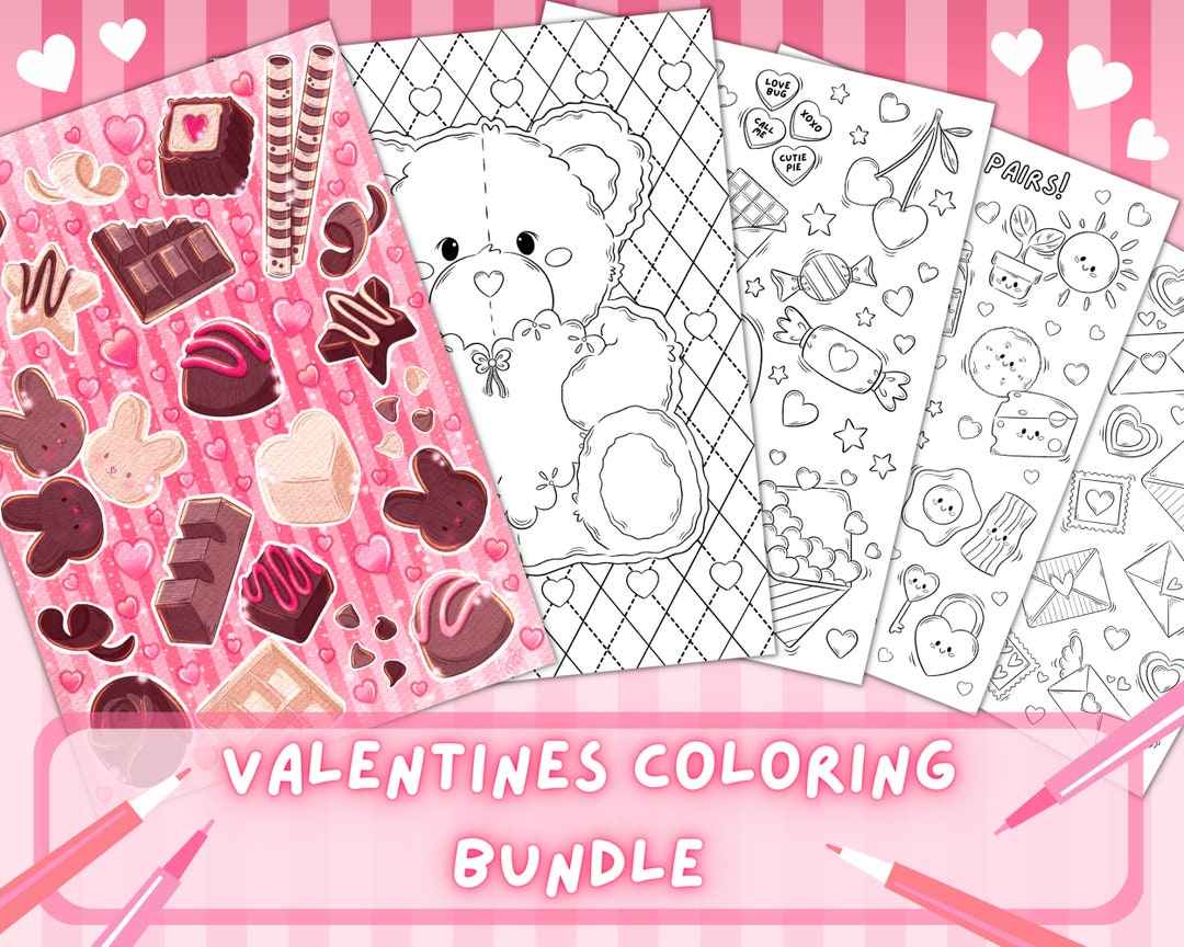 Valentines Day Coloring Page Bundle | Kawaii Coloring Page for ...