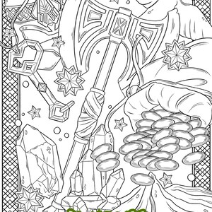 May include: A black and white line drawing of a dwarf's treasure hoard. The image includes a large axe, a key, a bag of coins, and crystals. The text "DWARVES" is written at the bottom of the image.