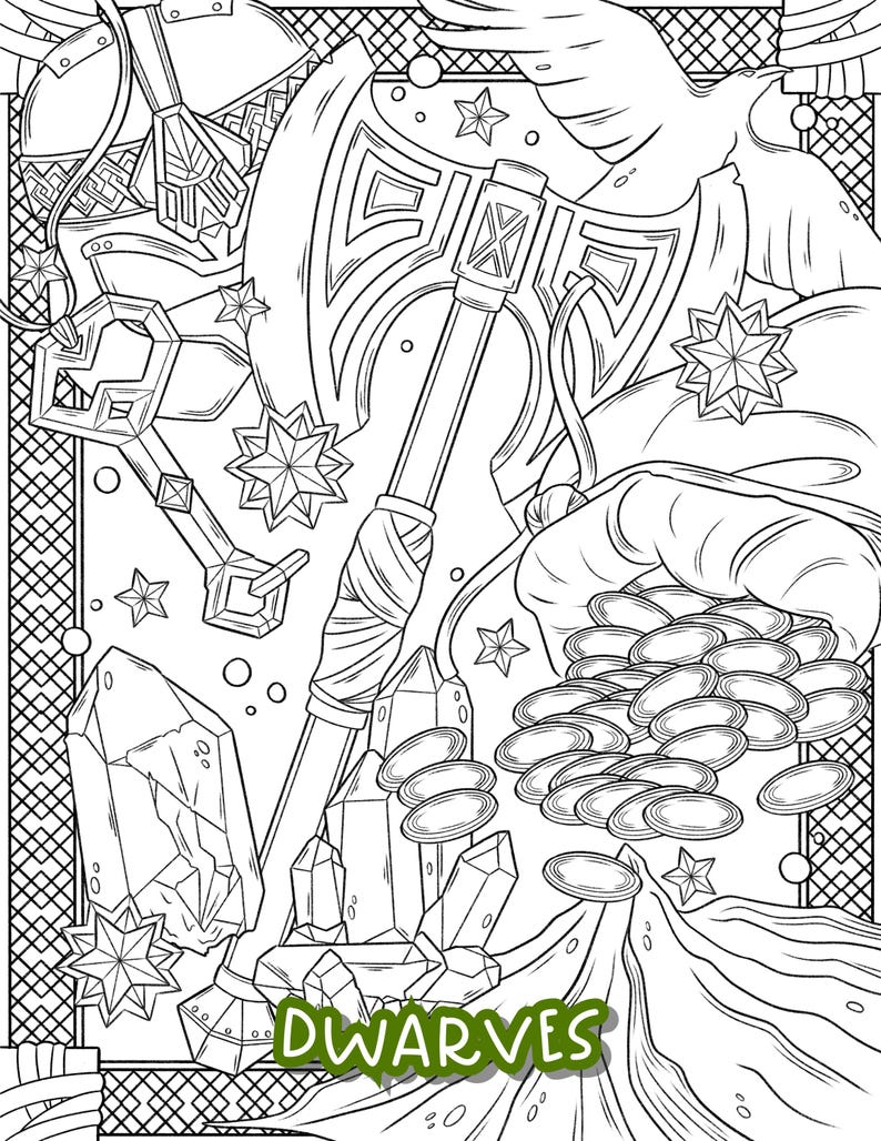 May include: A black and white line drawing of a dwarf's treasure hoard. The image includes a large axe, a key, a bag of coins, and crystals. The text "DWARVES" is written at the bottom of the image.