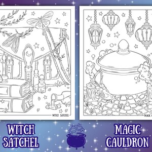 May include: Two black and white illustrations from a coloring book. The left image shows a witch's satchel with books, bottles, and a moth. The right image depicts a magic cauldron with hanging lanterns and stars. Text at the bottom reads "Witch Satchel" and "Magic Cauldron."