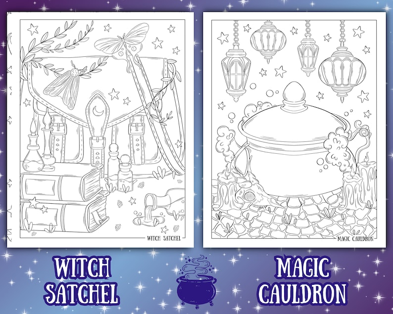 May include: Two black and white illustrations from a coloring book. The left image shows a witch's satchel with books, bottles, and a moth. The right image depicts a magic cauldron with hanging lanterns and stars. Text at the bottom reads "Witch Satchel" and "Magic Cauldron."
