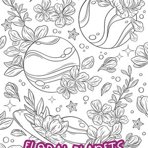 May include: Black and white line art illustration of planets with floral designs. The planets are surrounded by stars and flowers. The text "Floral Planets" is written in pink at the bottom of the image.