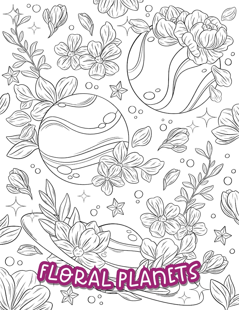 May include: Black and white line art illustration of planets with floral designs. The planets are surrounded by stars and flowers. The text "Floral Planets" is written in pink at the bottom of the image.