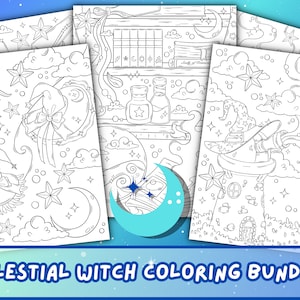 Celestial Witch Coloring Pages | Witch Adult Coloring Book | Fantasy Coloring Pages | Printable Digital Download Coloring Pages