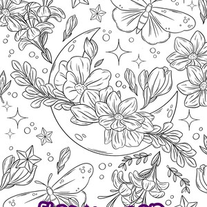 May include: A black and white line drawing of a crescent moon with flowers and butterflies. The text "FLORAL MOON" is written in purple at the bottom of the image.