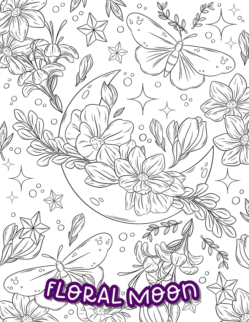 May include: A black and white line drawing of a crescent moon with flowers and butterflies. The text "FLORAL MOON" is written in purple at the bottom of the image.