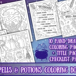 May include: A coloring book with 10 hand-drawn pages featuring spells and potions. The cover features a cauldron, a crystal ball, and a checklist of potion ingredients. The title is "Spells & Potions Coloring Book".