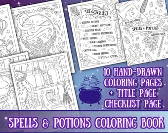 Spells & Potions Coloring Book | Witchcraft Fantasy, Hand-Drawn (Digital Download)