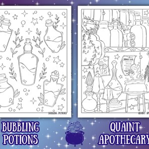 May include: Two black and white coloring pages. The left page features potion bottles, stars, and leaves, with the text "Bubbling Potions." The right page depicts apothecary items, shelves, and a cauldron, with the text "Quaint Apothecary."