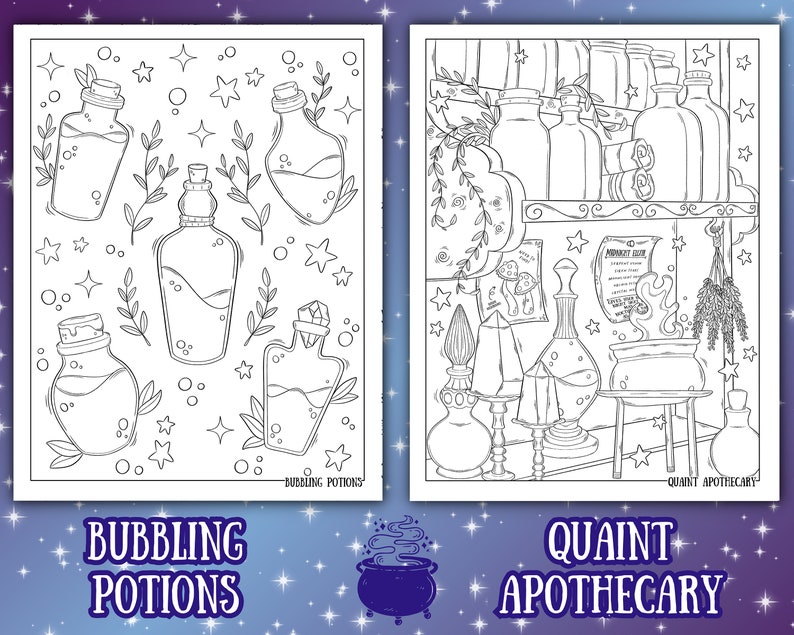 May include: Two black and white coloring pages. The left page features potion bottles, stars, and leaves, with the text "Bubbling Potions." The right page depicts apothecary items, shelves, and a cauldron, with the text "Quaint Apothecary."