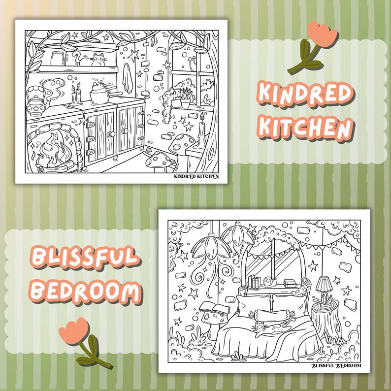 May include: Two black and white coloring pages. One depicts a kitchen scene with a fireplace, stove, and the text "Kindred Kitchen." The other shows a bedroom with a bed, and the text "Blissful Bedroom."