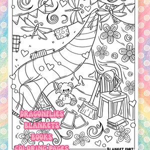 Puede incluir: P&aacute;gina para colorear en blanco y negro con lib&eacute;lulas, mantas, libros, flores y un fuerte. La imagen incluye un oso de peluche, una l&aacute;mpara y las palabras "Dragonflies, Blankets, Books, Coloring Pages, Flowers" y "Blanket Fort".