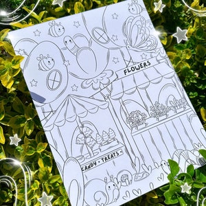 May include: A black and white coloring page featuring a whimsical scene with a snail, butterfly, bees, and a candy and treats shop. The shop has a sign that says "Candy - Treats". There is also a flower shop with a sign that says "Flowers".