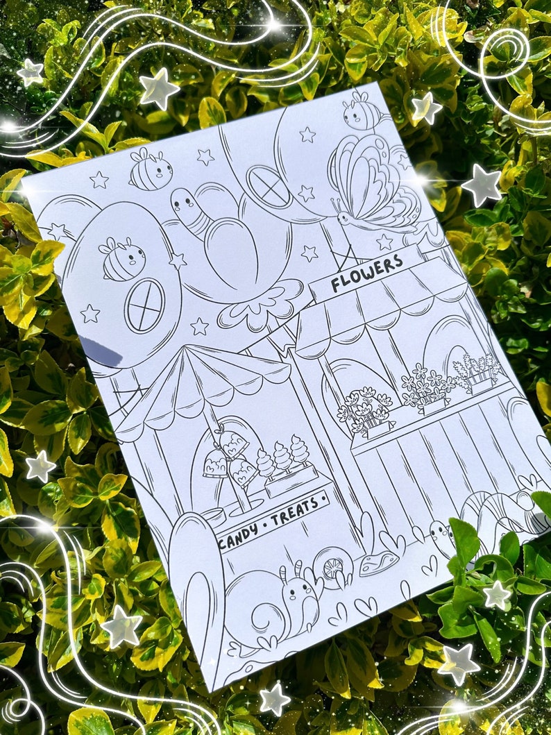 May include: A black and white coloring page featuring a whimsical scene with a snail, butterfly, bees, and a candy and treats shop. The shop has a sign that says "Candy - Treats". There is also a flower shop with a sign that says "Flowers".