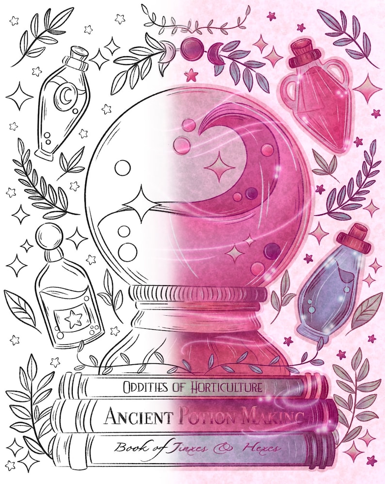 May include: A pink and white illustration of a crystal ball with a crescent moon inside. The crystal ball is surrounded by bottles, stars, and leaves. The text "Oddities of Horticulture", "Ancient Potion Making", and "Book of Jinxes & Hexes" is written on three books stacked on top of each other.