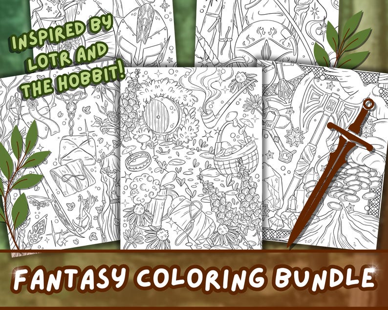 May include: A set of four black and white coloring pages inspired by the Lord of the Rings and The Hobbit. The pages feature fantasy elements like swords, axes, pipes, and a hobbit hole.