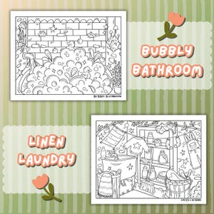May include: Two black and white coloring pages with the text "Bubbly Bathroom" and "Linen Laundry". The "Bubbly Bathroom" page shows a bathtub filled with bubbles. The "Linen Laundry" page shows a laundry room with a tub and clothes hanging.