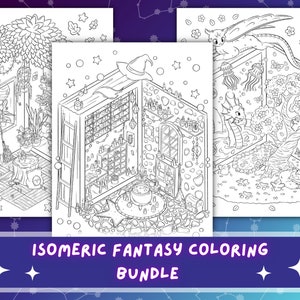 Fantasy Isometric Room Bundle | Witch Coloring Pages | Witch Aesthetic Adult Coloring Page | Magical Isometric Coloring