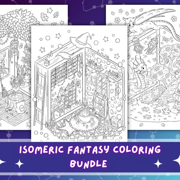 Fantasy Isometric Room Bundle | Witch Coloring Pages | Witch Aesthetic Adult Coloring Page | Magical Isometric Coloring