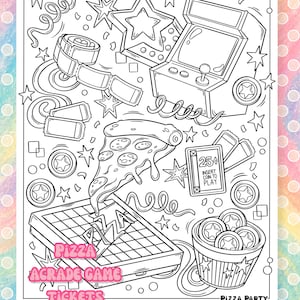 Puede incluir: Ilustraci&oacute;n en blanco y negro con un videojuego arcade, una porci&oacute;n de pizza, boletos y monedas. La imagen incluye el texto "Pizza Party", "25&cent; Insert Coin to Play" y las palabras "Pizza", "Arcade Game", "Tickets" y "Coins".