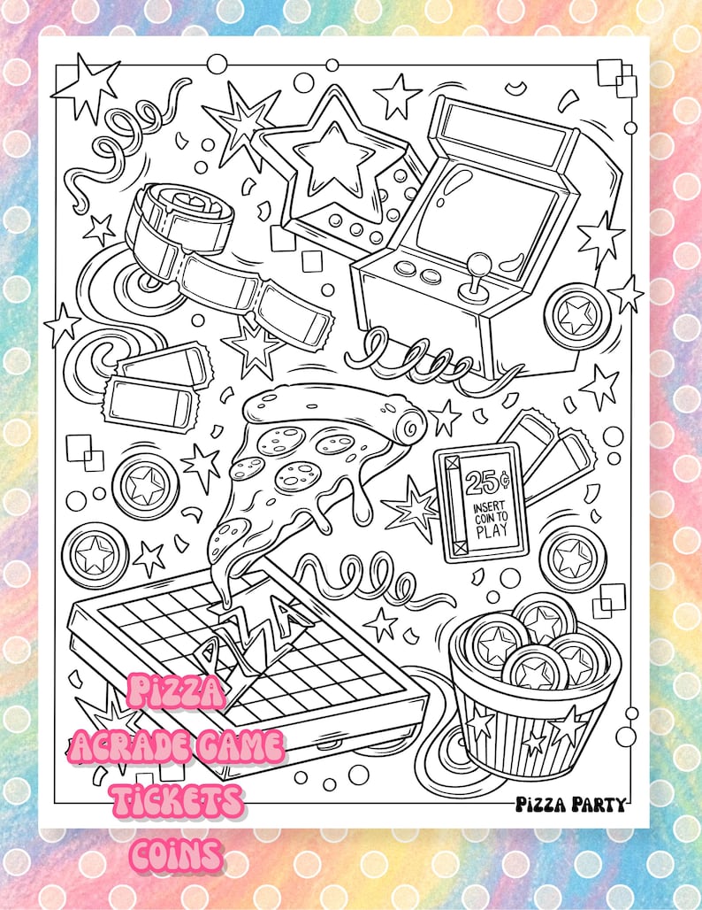 Puede incluir: Ilustraci&oacute;n en blanco y negro con un videojuego arcade, una porci&oacute;n de pizza, boletos y monedas. La imagen incluye el texto "Pizza Party", "25&cent; Insert Coin to Play" y las palabras "Pizza", "Arcade Game", "Tickets" y "Coins".