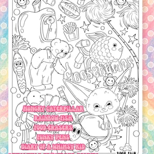 Puede incluir: Ilustraci&oacute;n en blanco y negro de una feria del libro infantil. La imagen incluye varios personajes de dibujos animados, alimentos y el texto "HUNGRY CATERPILLAR", "RAINBOW FISH", "FOOD ERASERS", "DIARY OF A WHIMSY KID", "BUSY WORLD OF RICHARD SCARRY", "CORDUROY" y "BOOK FAIR".
