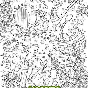 May include: A black and white line drawing of a hobbit hole with a pipe, mushrooms, flowers, and the word "HOBBITS" in green letters.