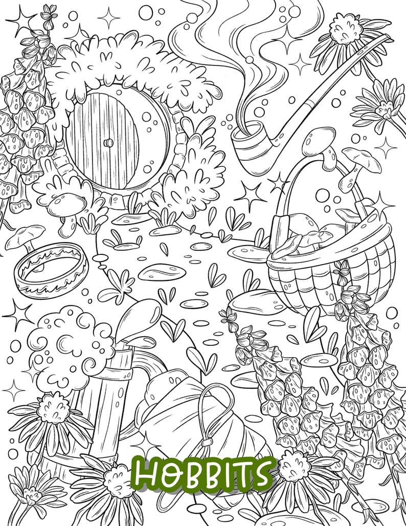 May include: A black and white line drawing of a hobbit hole with a pipe, mushrooms, flowers, and the word "HOBBITS" in green letters.