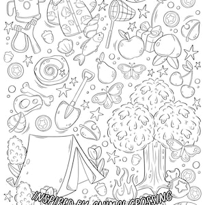 May include: Black and white line art illustration of various objects inspired by the Animal Crossing video game. The illustration includes a tent, a tree, a shovel, a butterfly, a fish, a pear, an apple, a gift, a leaf, a star, a cherry, a slingshot, a shirt, a net, a bell, a mushroom, a bone, a campfire, and a flower.