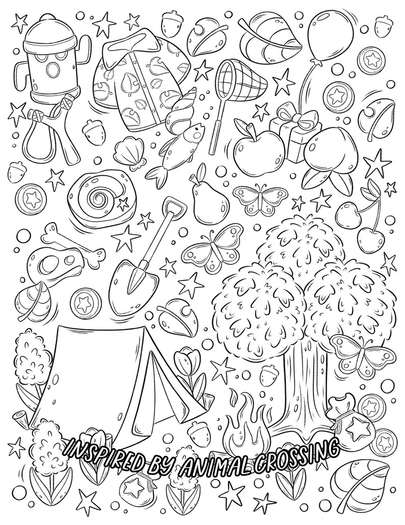 May include: Black and white line art illustration of various objects inspired by the Animal Crossing video game. The illustration includes a tent, a tree, a shovel, a butterfly, a fish, a pear, an apple, a gift, a leaf, a star, a cherry, a slingshot, a shirt, a net, a bell, a mushroom, a bone, a campfire, and a flower.