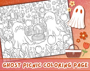Ghost Picnic Halloween Coloring Page | Kawaii Ghost Coloring Page for Halloween | Spooky Season Kawaii Coloring Page | Cute Halloween Print