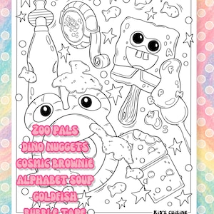 Puede incluir: Ilustraci&oacute;n en blanco y negro con personajes y formas de comida de dibujos animados. La imagen incluye texto que dice "Zoo Pals", "Dino Nuggets", "Cosmic Brownie", "Alphabet Soup", "Goldfish", "Bubble Tape" y "Spongebob Popsicle". Tambi&eacute;n est&aacute;n presentes las palabras "Kid's Cuisine".
