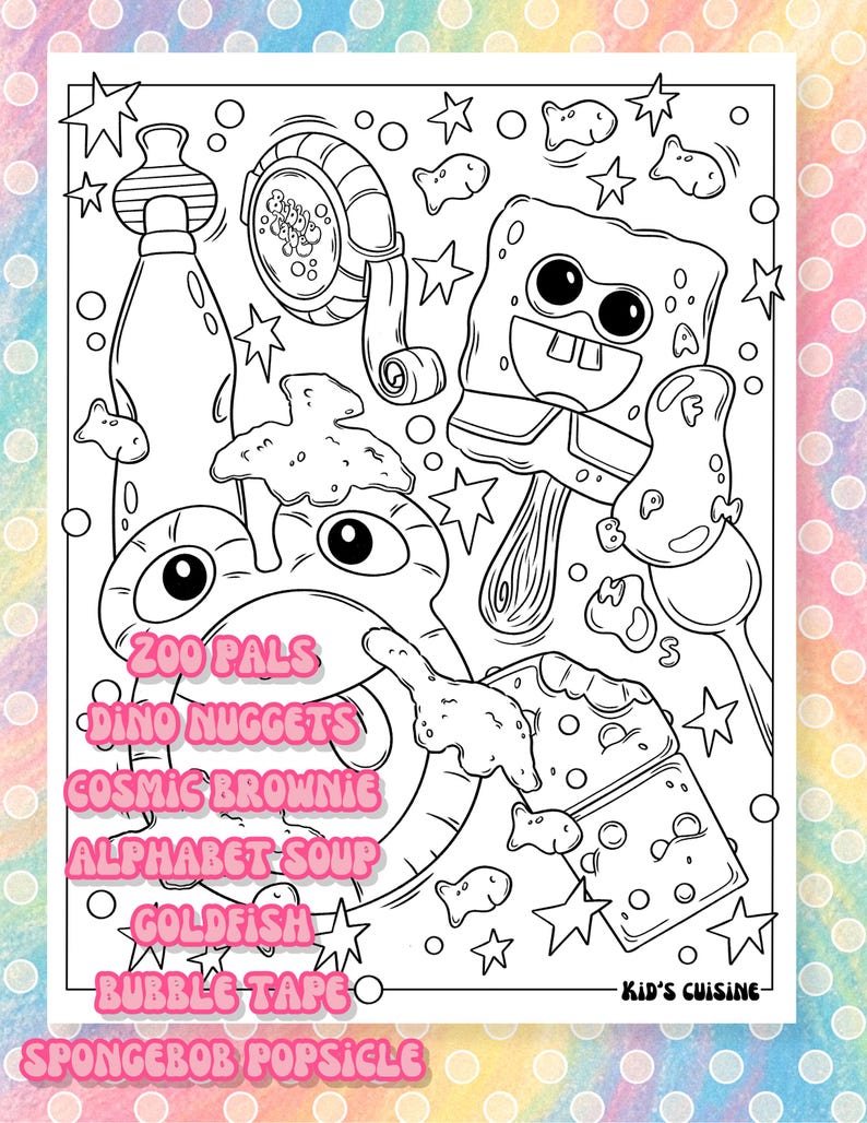 Puede incluir: Ilustraci&oacute;n en blanco y negro con personajes y formas de comida de dibujos animados. La imagen incluye texto que dice "Zoo Pals", "Dino Nuggets", "Cosmic Brownie", "Alphabet Soup", "Goldfish", "Bubble Tape" y "Spongebob Popsicle". Tambi&eacute;n est&aacute;n presentes las palabras "Kid's Cuisine".