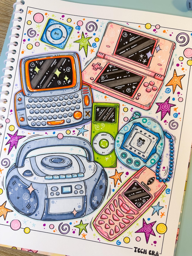 Libro para colorear de los años 2000 / Lindas páginas para colorear con estética Y2K para adultos / Nostalgia de los años 2000 imagen 5