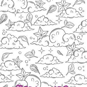 May include: Black and white line art illustration of a repeating pattern of clouds, stars, and leaves. The text "FLORAL STARS" is in the center of the image.