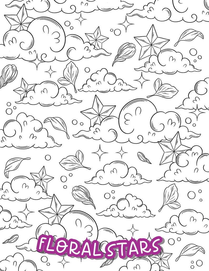 May include: Black and white line art illustration of a repeating pattern of clouds, stars, and leaves. The text "FLORAL STARS" is in the center of the image.