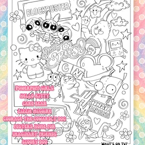 Puede incluir: Ilustraci&oacute;n en blanco y negro con personajes de dibujos animados y pel&iacute;culas populares. Incluye "Blockbuster", "Totally Spies!", "Powerpuff Girls", "Hello Kitty", "Care Bear", "Lizzie McGuire", "Coraje, el perro cobarde", "Foster's Home for Imaginary Friends", "Scooby Doo", "Gir", "BMO" y "Hannah Montana".