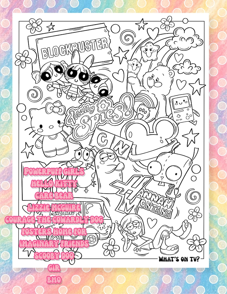 Puede incluir: Ilustraci&oacute;n en blanco y negro con personajes de dibujos animados y pel&iacute;culas populares. Incluye "Blockbuster", "Totally Spies!", "Powerpuff Girls", "Hello Kitty", "Care Bear", "Lizzie McGuire", "Coraje, el perro cobarde", "Foster's Home for Imaginary Friends", "Scooby Doo", "Gir", "BMO" y "Hannah Montana".