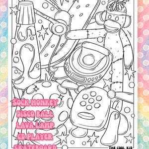 Puede incluir: Ilustraci&oacute;n en blanco y negro con un mono de calcet&iacute;n, una bola de discoteca, una l&aacute;mpara de lava, un reproductor de CD, una patineta y un iDog. El texto incluye "Sock Monkey", "Disco Ball", "Lava Lamp", "CD Player", "Skateboard" e "iDog". La imagen est&aacute; delineada con estrellas.