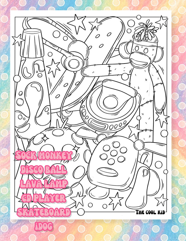 Puede incluir: Ilustraci&oacute;n en blanco y negro con un mono de calcet&iacute;n, una bola de discoteca, una l&aacute;mpara de lava, un reproductor de CD, una patineta y un iDog. El texto incluye "Sock Monkey", "Disco Ball", "Lava Lamp", "CD Player", "Skateboard" e "iDog". La imagen est&aacute; delineada con estrellas.