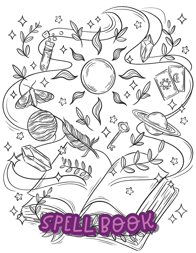 May include: A black and white illustration of an open spell book with various magical elements surrounding it, including a sun, a moon, a crystal, a feather, a key, a planet, a moth, a vial, and a tarot card. The book has the words "SPELL BOOK" written on it.