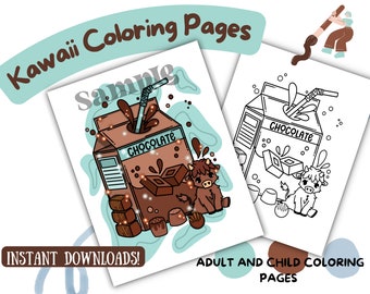 May include: A printable coloring page featuring a cartoon illustration of a carton of chocolate milk with a straw, chocolate squares, and a cute brown cow. The text "Chocolate" is on the carton. The coloring page is part of a set of kawaii coloring pages for adults and children.