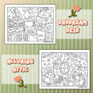 May include: Two black and white coloring pages with the text "DAYDREAM DESK" and "ALLURING ATTIC". The top image shows a desk scene with a computer, chair, and curtains. The bottom image depicts an attic with books and a broom.