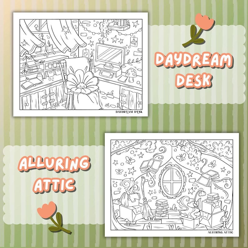 May include: Two black and white coloring pages with the text "DAYDREAM DESK" and "ALLURING ATTIC". The top image shows a desk scene with a computer, chair, and curtains. The bottom image depicts an attic with books and a broom.