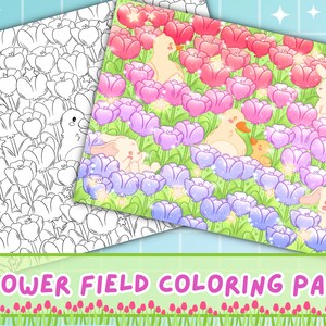 Página para colorir de campo de flores | Linda página para colorir Kawaii | Arte Kawaii para impressão | Coloração de verão para crianças e adultos