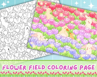 Flower Field Coloring Page | Cute Kawaii Coloring Page | Kawaii Art Printable | Summer Coloring for Kids & Adults