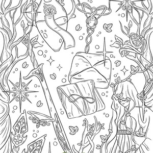 May include: A black and white line drawing of an elf with long hair, a bottle, a sword, a wrapped package, and a star. The image is titled "ELVES".
