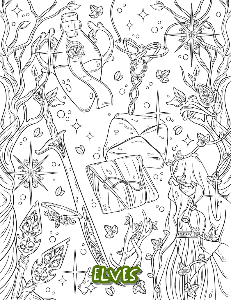 May include: A black and white line drawing of an elf with long hair, a bottle, a sword, a wrapped package, and a star. The image is titled "ELVES".